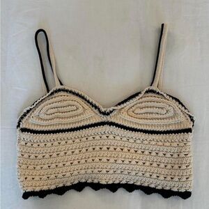 Zara Cream Knit Crochet Crop Top with Black Trim